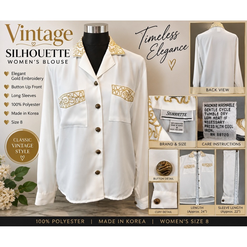 Vintage Silhouette White Blouse Gold Embroidery Button Up Long Sleeve Size 8
